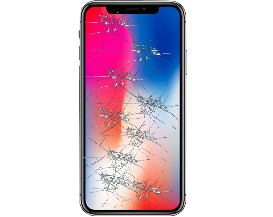 Broken mobile phone screen, front debris colored 3d rendering. Smartphone monitor damage mock up. Telephone display glass hit. Cellphone crash and scratch.
